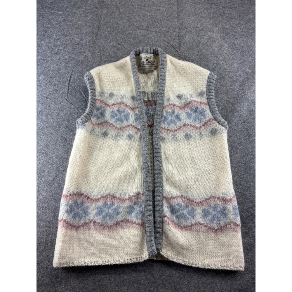 VTG Antartex Scotland Wool Mohair Fair Isle Knit Vest Open Cardigan Cream Blue M